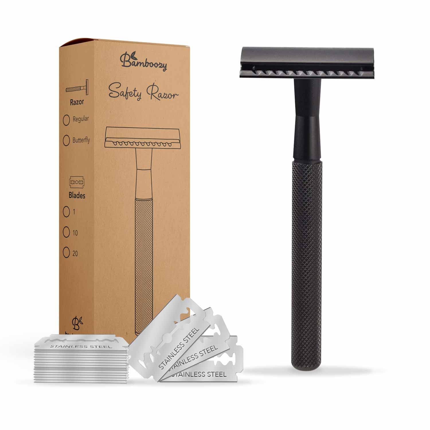Rasierhobel Safety Razor Mattschwarz - 20x Platinklingen
