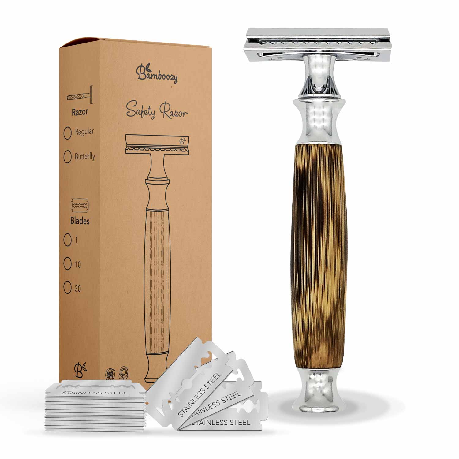Rasierhobel Safety Razor Bambus Dicker Griff - Chrom