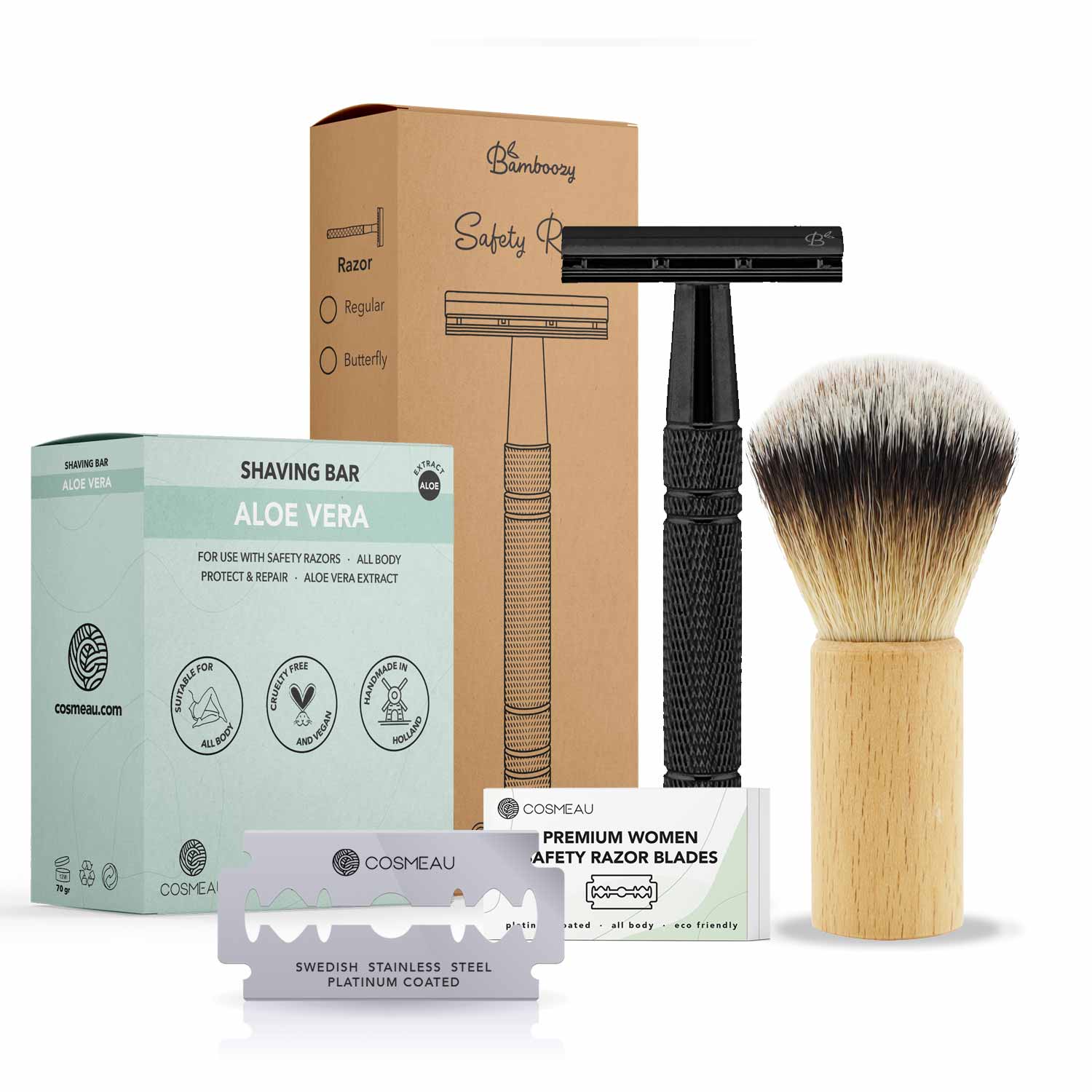 Starterset Rasierhobel Safety Razor Glänzend Schwarz Aluminium