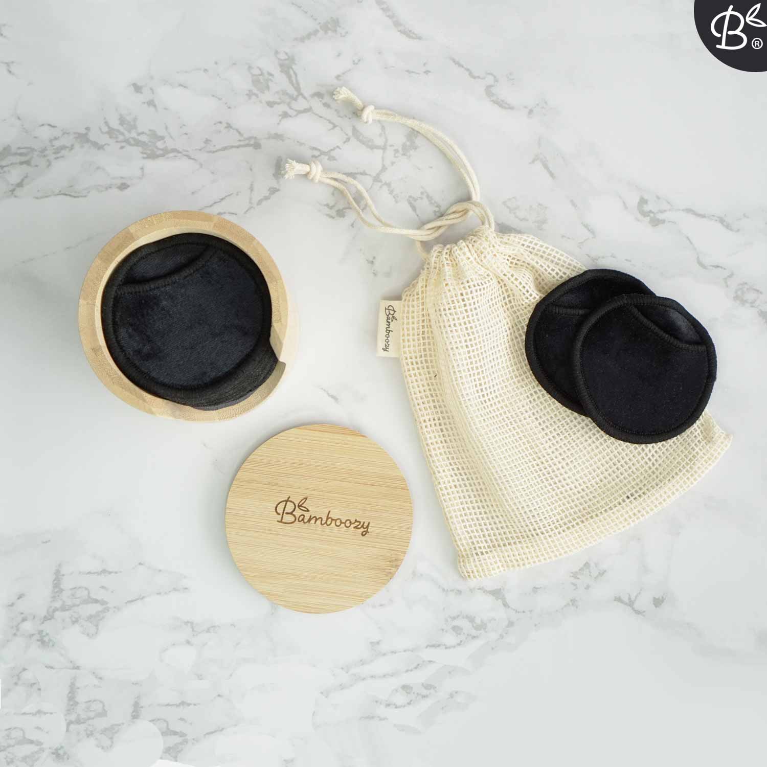 16x Black Reusable Cotton Pads + Bamboo Holder