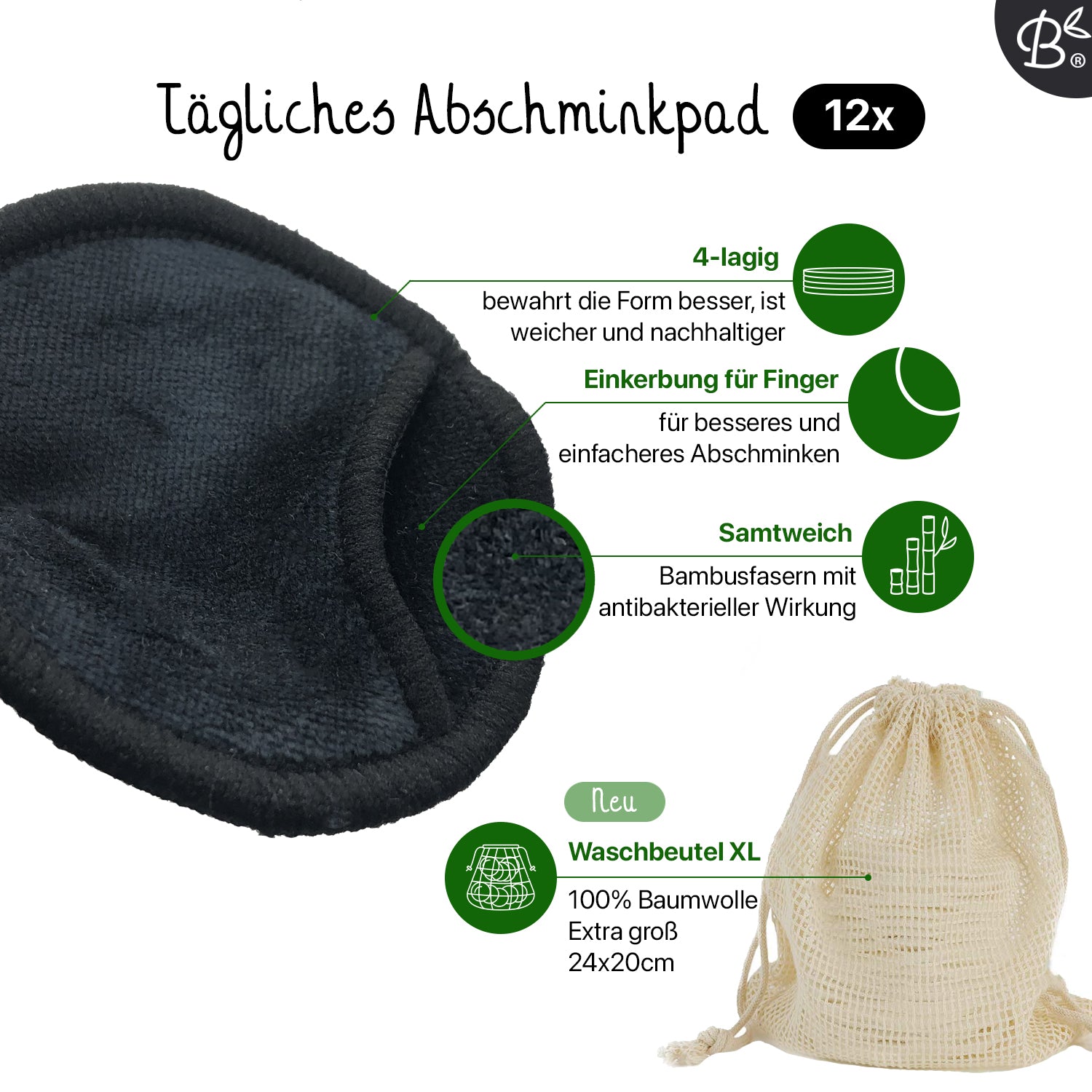 16x Schwarze wiederverwendbare Abschminkpads + Halter aus Bambus