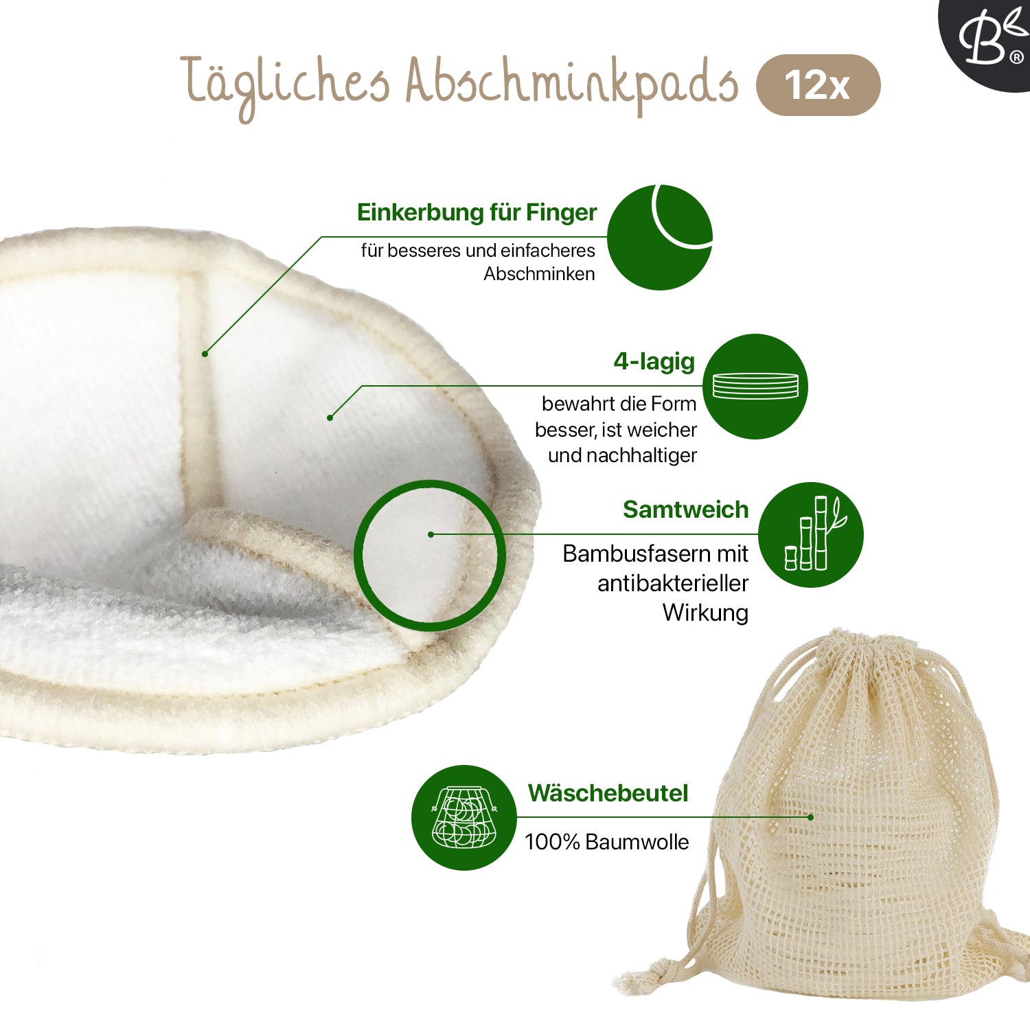 16x Wiederverwendbare Abschminkpads 4-Lagig + Halter aus Bambus