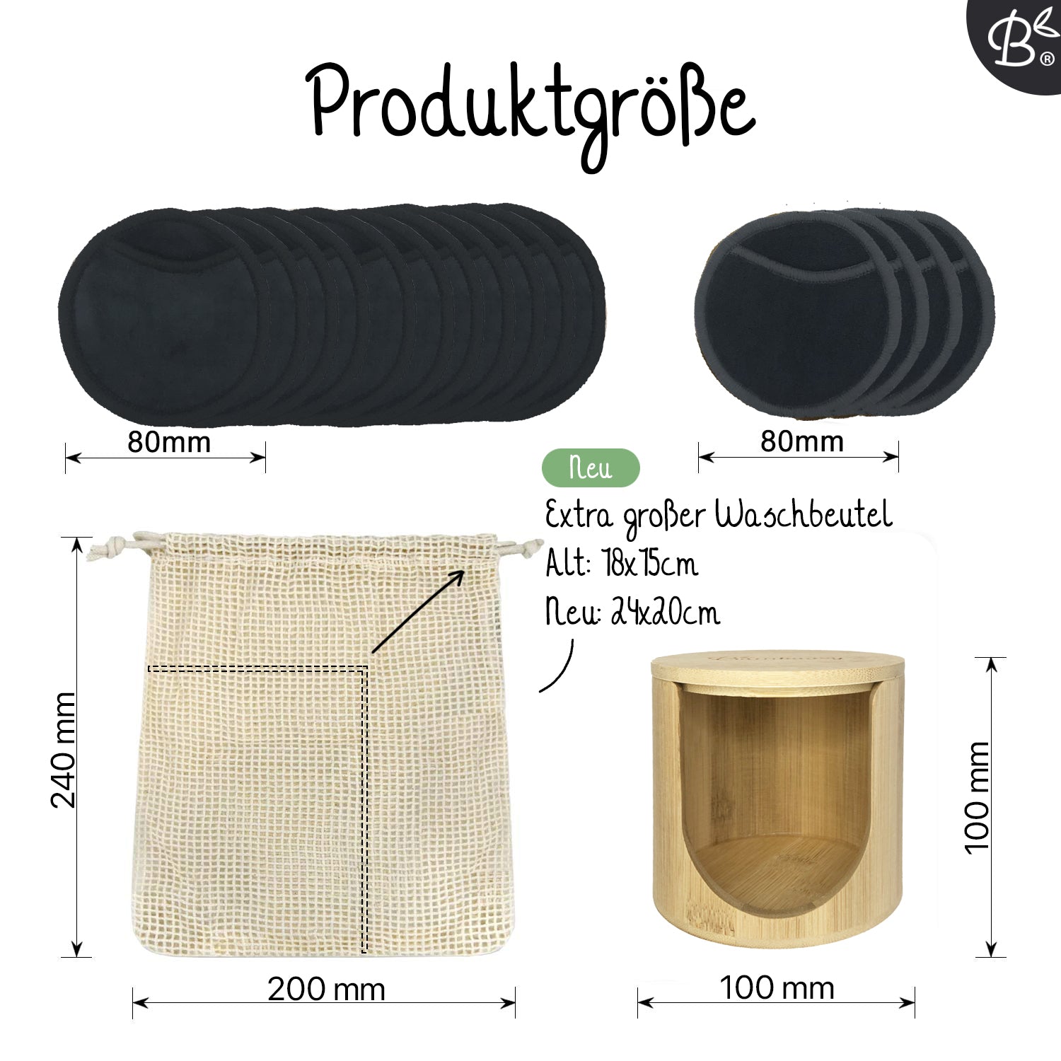 16x Schwarze wiederverwendbare Abschminkpads + Halter aus Bambus