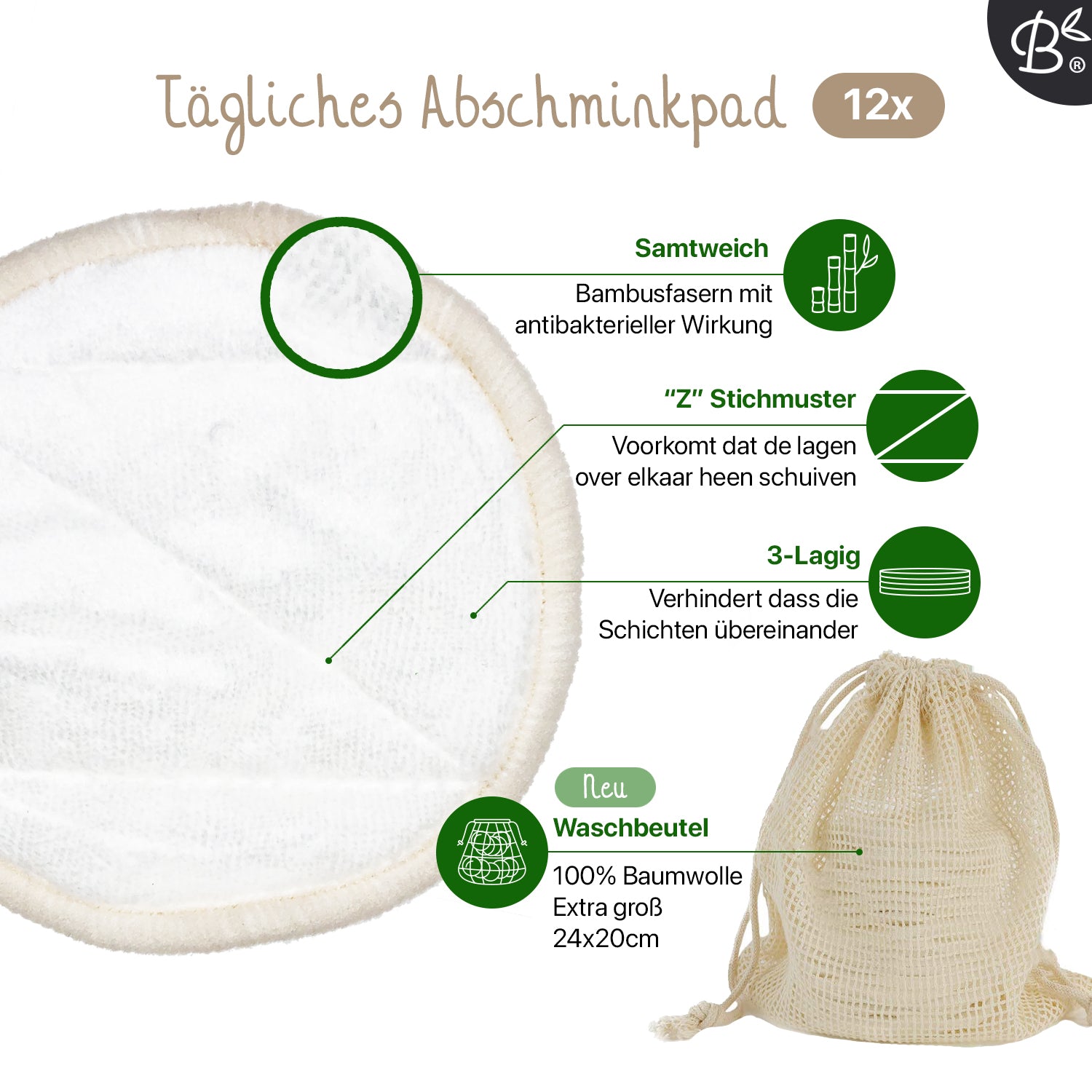16x Weiße waschbare Abschminkpads 3-lagig