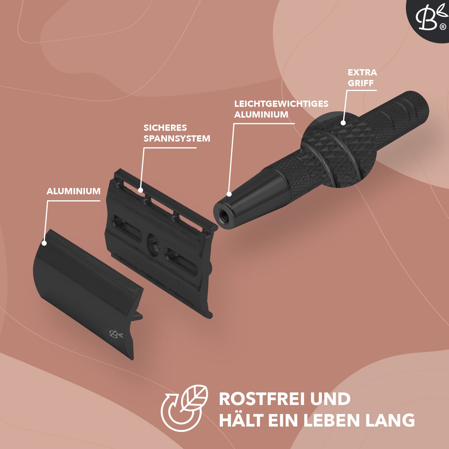 Starterset Rasierhobel Safety Razor Glänzend Schwarz Aluminium