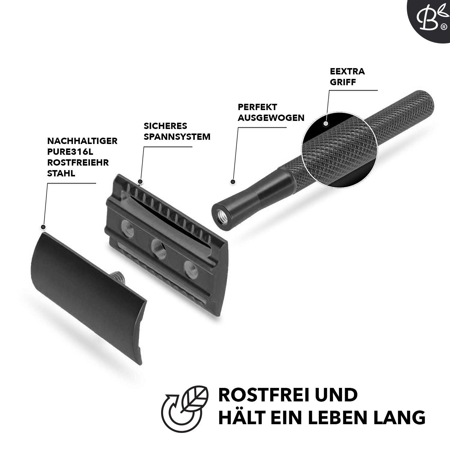 Rasierhobel Safety Razor Mattschwarz - 20x Platinklingen
