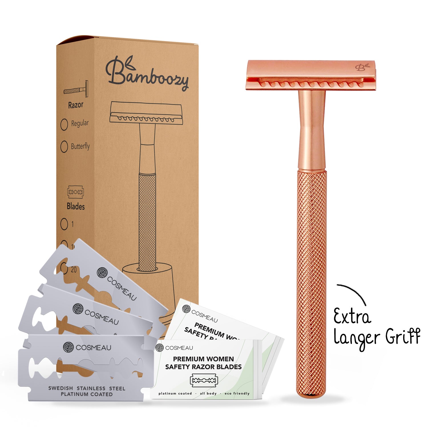 Rasierhobel Safety Razor Rose Gold + 20x Klingen für Frauen aus Edelstahl