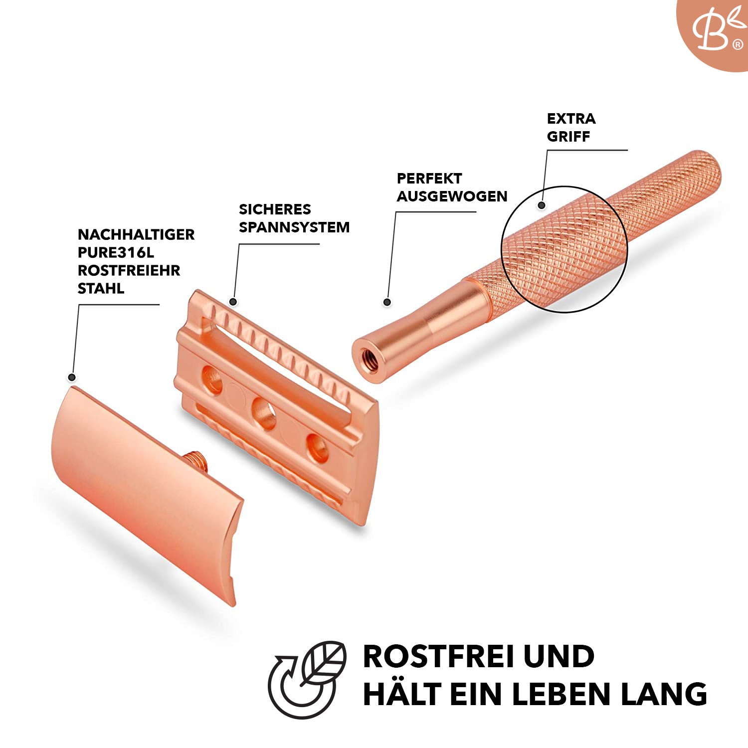 Rasierhobel Safety Razor Rose Gold + 20x Klingen für Frauen aus Edelstahl