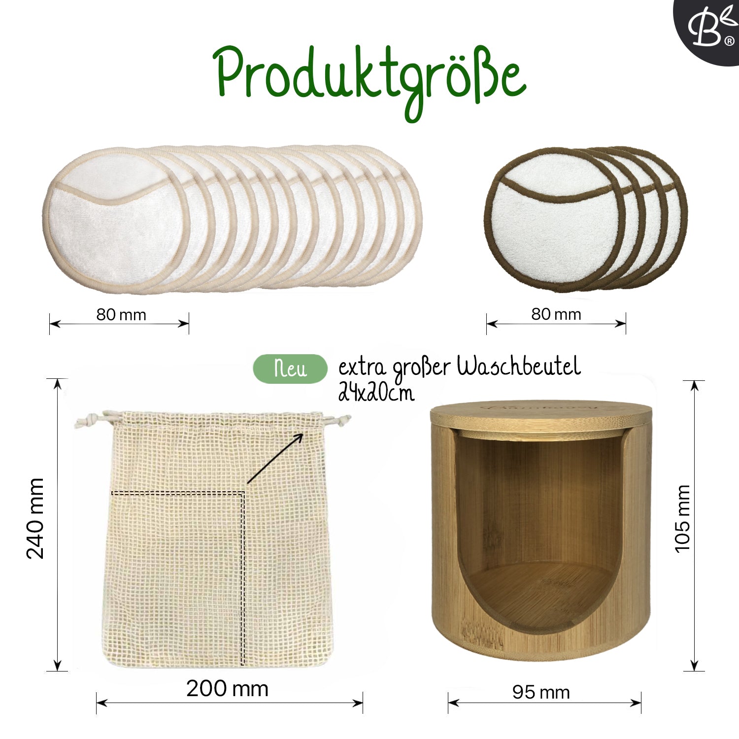 16x Wiederverwendbare Abschminkpads 4-Lagig + Halter aus Bambus